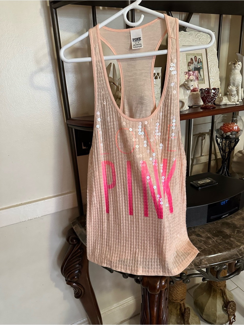 Victoria's Secret Pink Sequin Accent Ribbed Tank - Light Peach & Hot Pink